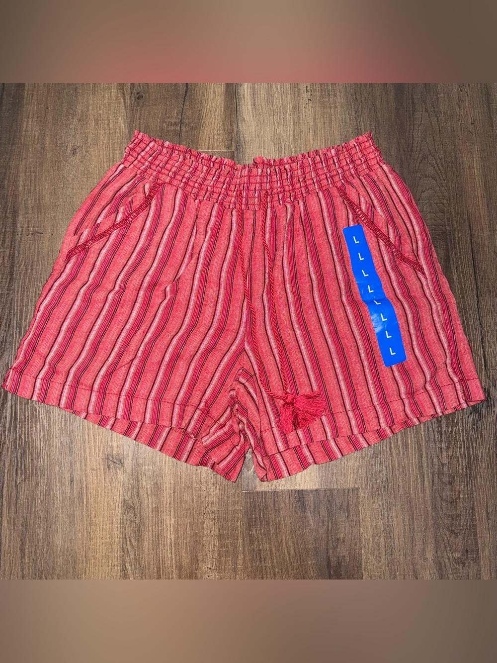 NWT Briggs Red Striped Linen Blend Tassel Shorts L